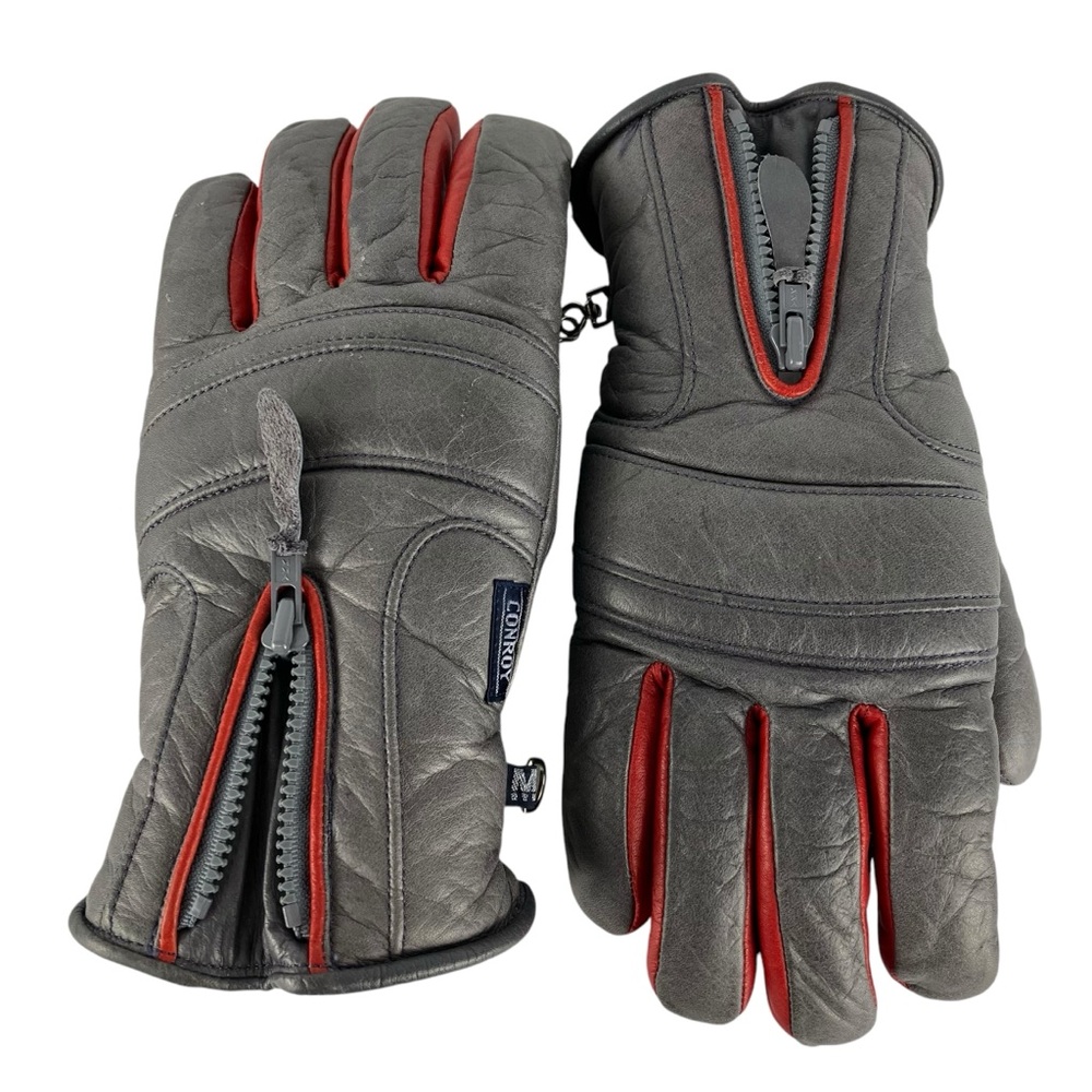 VTG Conroy Leather Ski Gloves Women's Medium Warm 3M Thinsulate Lining Gray Red
